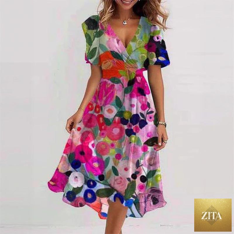 Floral print FitiqueFit A-line V-neck short sleeve midi dress hanging on a hanger with a white background.