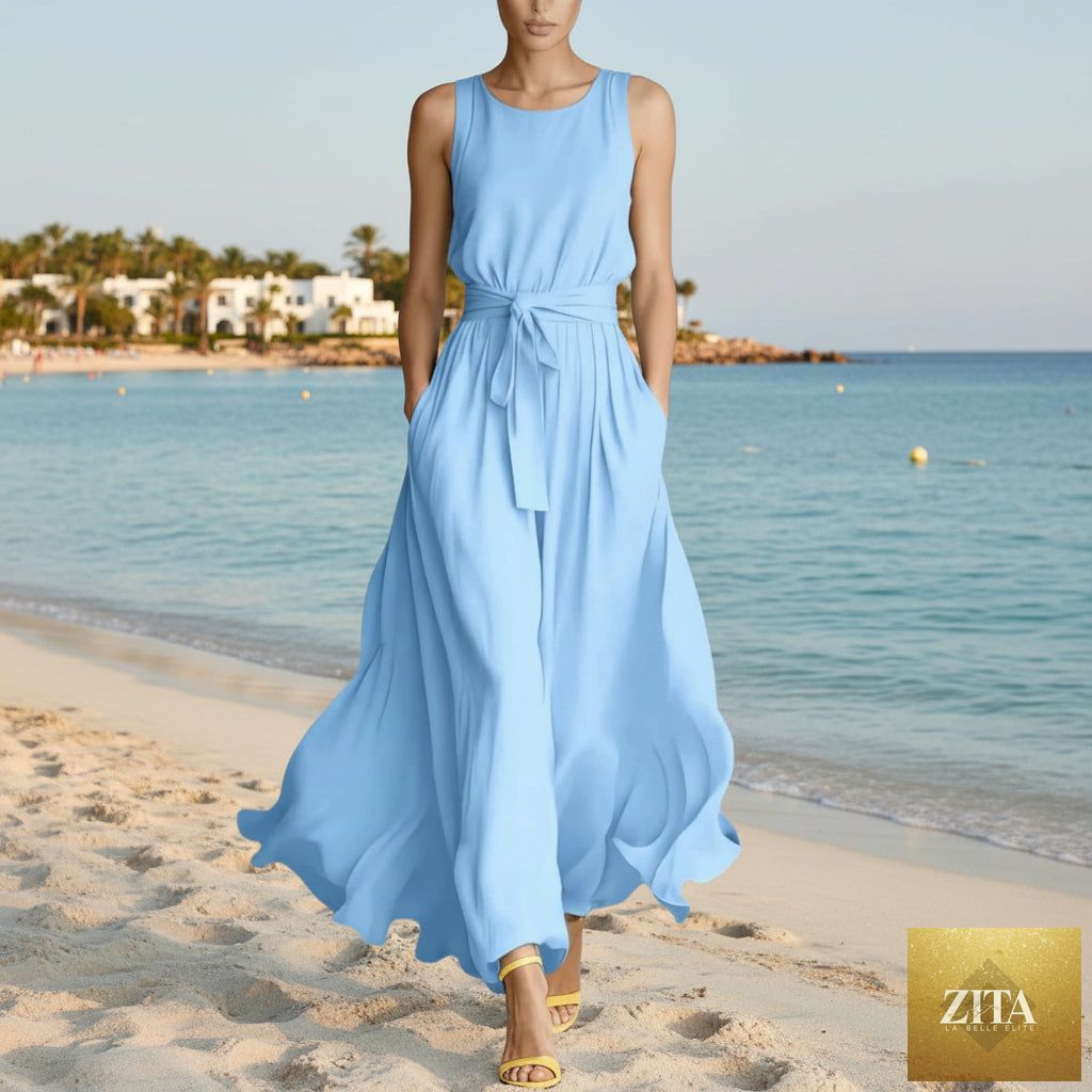 Women's lace-up waist-cinching sleeveless maxi dress by Zita La Belle Elite, flowing fabric with a fitted waist and elegant design.
