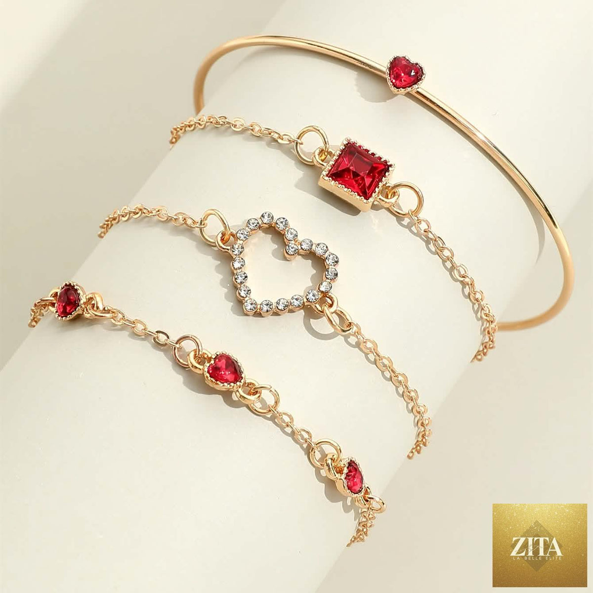 Set of 4 rhinestone alloy bracelets featuring minimalist heart and square designs, perfect for stylish jewelry accessories.