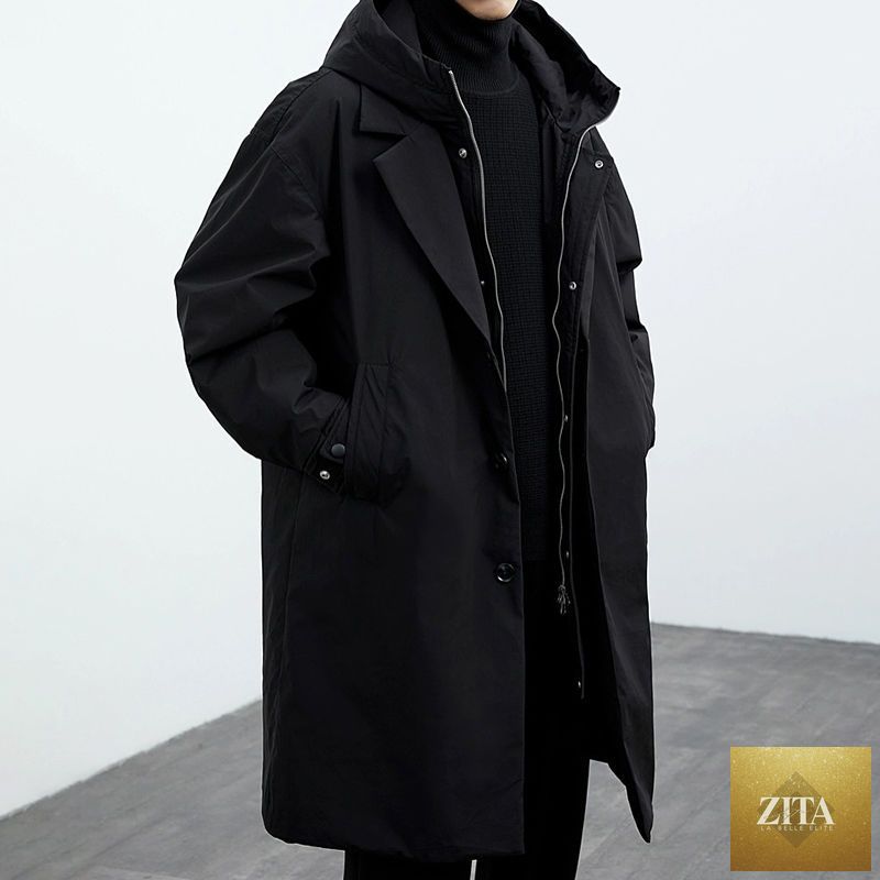 Men's hooded mid-length trench coat by LadyShow.Store featuring a false two-piece design, suitable for stylish, layered winter wear.