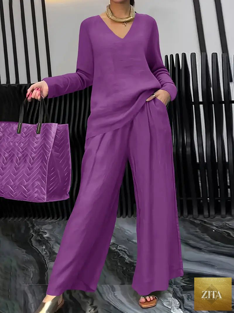 FitiqueFit solid color long sleeve top and pants two-piece travel set, casual and comfortable for everyday wear.