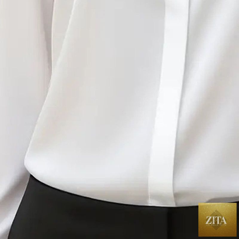 Loose fit satin blouse by FitiqueFit with V-neck and long sleeves, styled as casual or office wear.