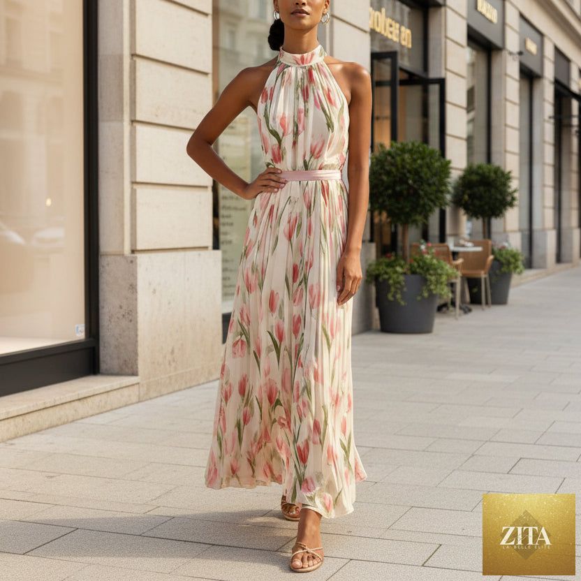 Women's halterneck high-waist swing dress by FitiqueFit featuring floral and solid print casualwear, flowing fabric and sleeveless design.