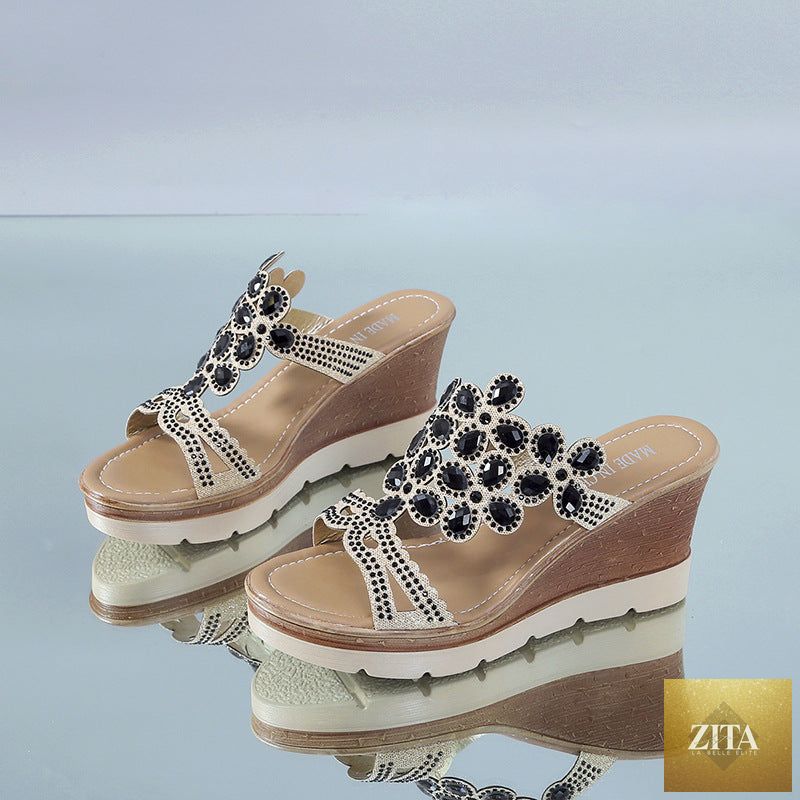 Women rhinestone platform sandals with heels, stylish slip-on slippers with sparkling embellishments, from Trendy Attic Store01.
