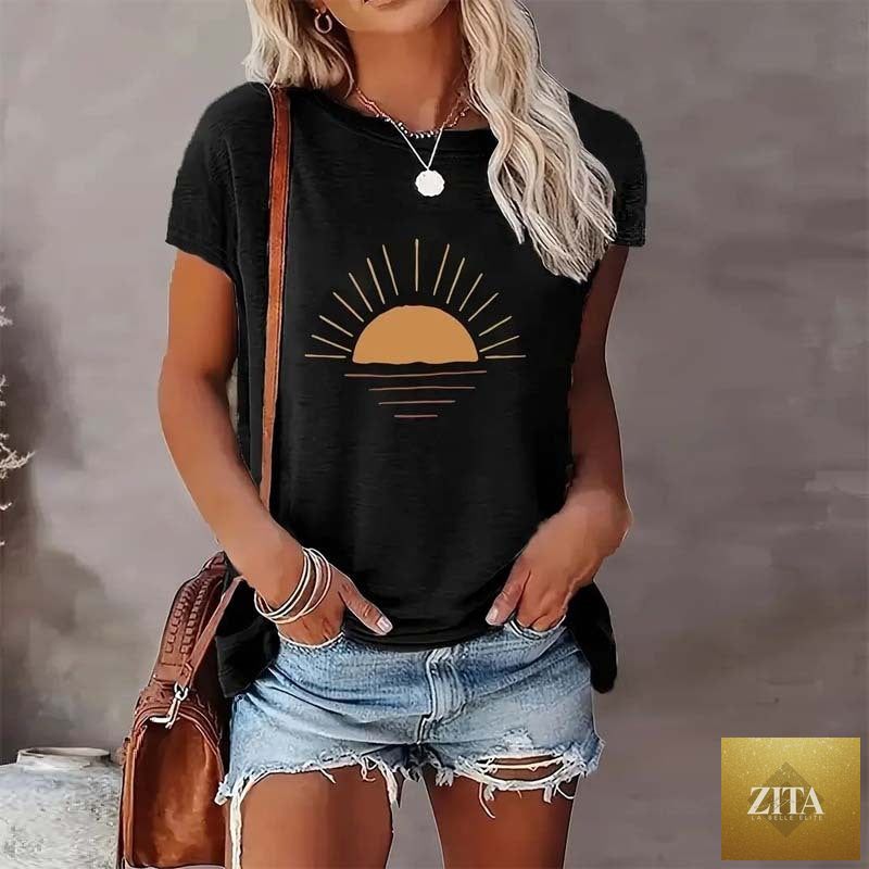 Zita La Belle Elite sunrise print round neck T-shirt, casualwear with vibrant sunrise graphic on soft fabric