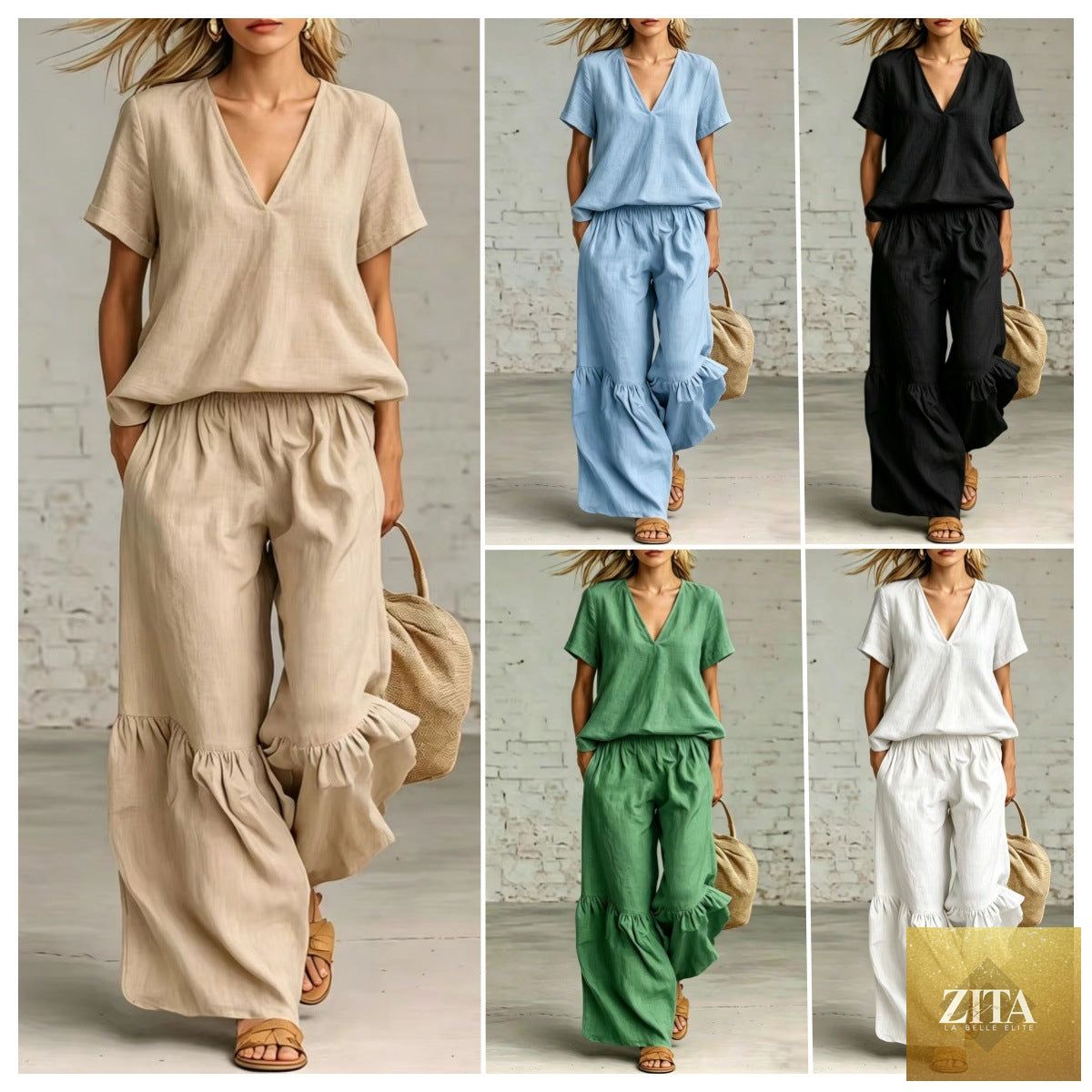 Zita La Belle Elite casualwear set with V-neck loose short-sleeve top and matching pants in 7 colors, available in S–5XL
