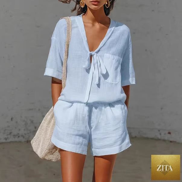 Zita La Belle Elite women's lace-up short-sleeve shirt and loose shorts summer casual co-ord set, stylish and comfortable.