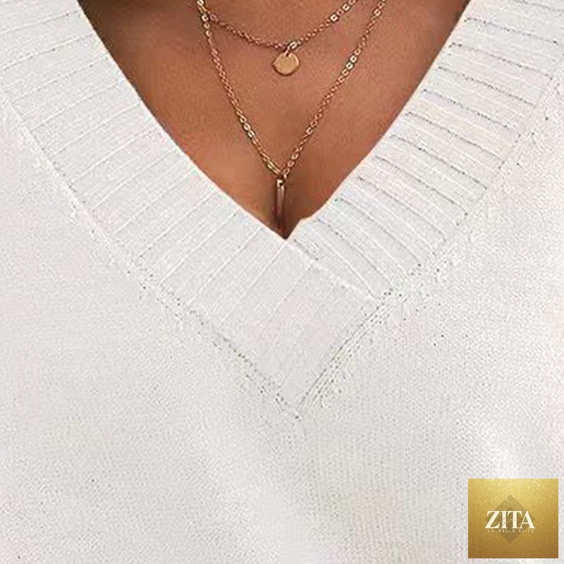 Women’s V-neck drop shoulder sweater by FitiqueFit, casual long sleeve pullover with relaxed fit and cozy knit texture.