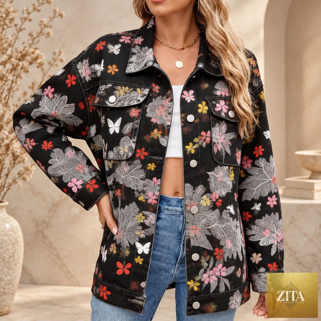 Women's Botanical Print Drop-Shoulder Denim Jacket