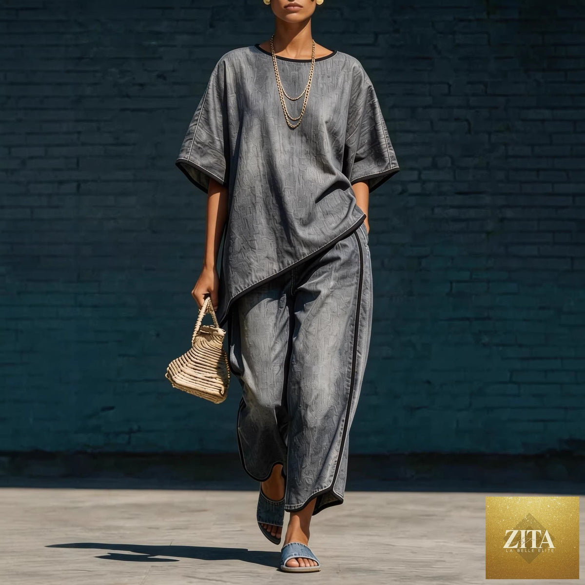 Women's denim-style knit top and wide-leg pants set by Zita La Belle Elite, casual 2-piece casualwear outfit in a relaxed fit.