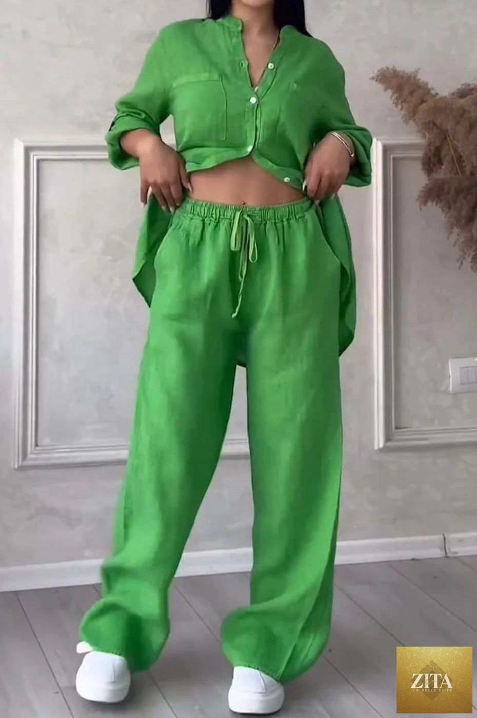 Zita La Belle Elite wide-leg pants and lace-up top two-piece set in solid color, available in multiple sizes and colors.