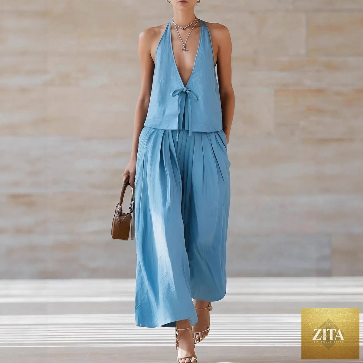 Women’s sleeveless vest and wide-leg pants set from Zita La Belle Elite, casual 2-piece lace-up outfit, featuring stylish, comfortable fabric.