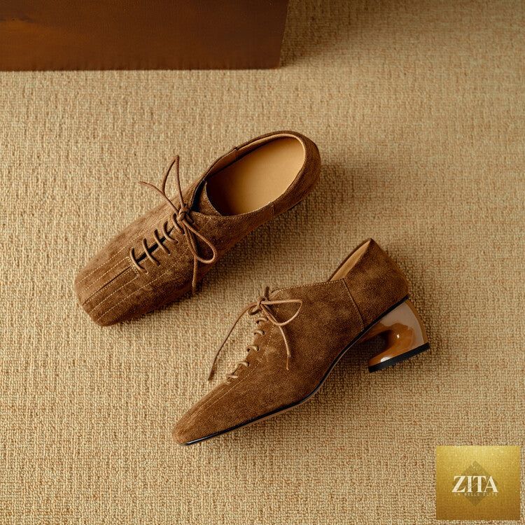 Women's retro sheepskin square toe chunky heel pumps by Zita La Belle Elite, lace-up mid heel footwear with stylish design.