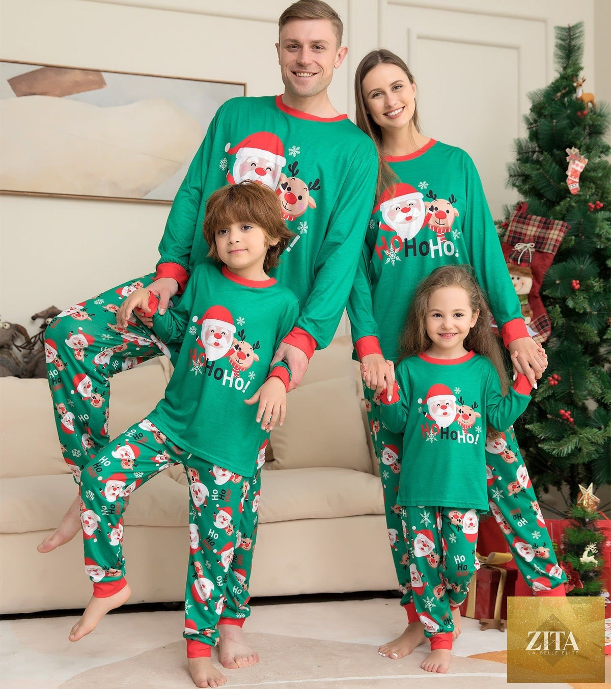 Family matching Christmas pajamas featuring Santa Claus and festive sleepwear by FitiqueFit, worn by a family celebrating the holidays.