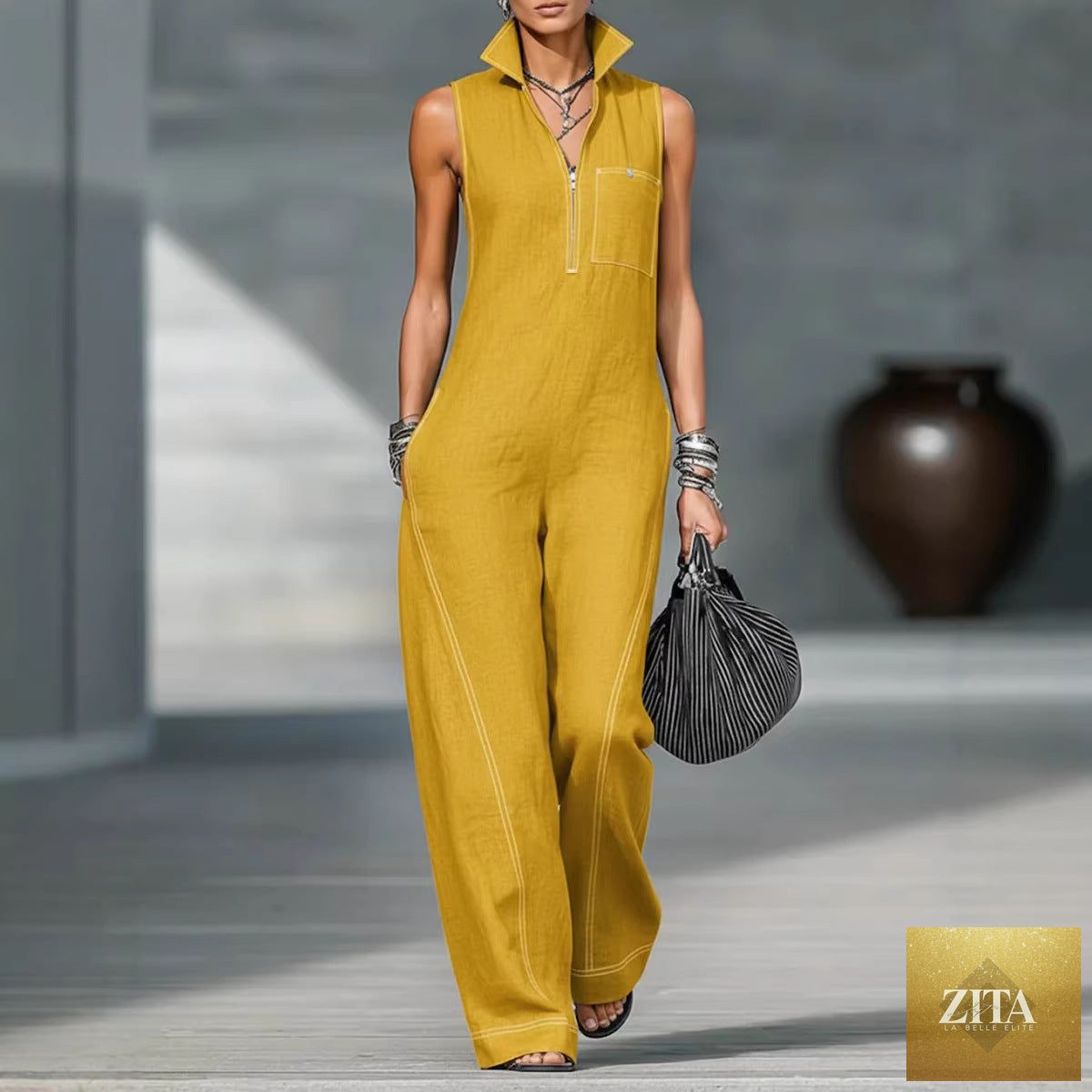 LadyShow.Store sleeveless stand-up collar jumpsuit with pockets, casual summer fashion for women, featuring trousers and a relaxed fit.