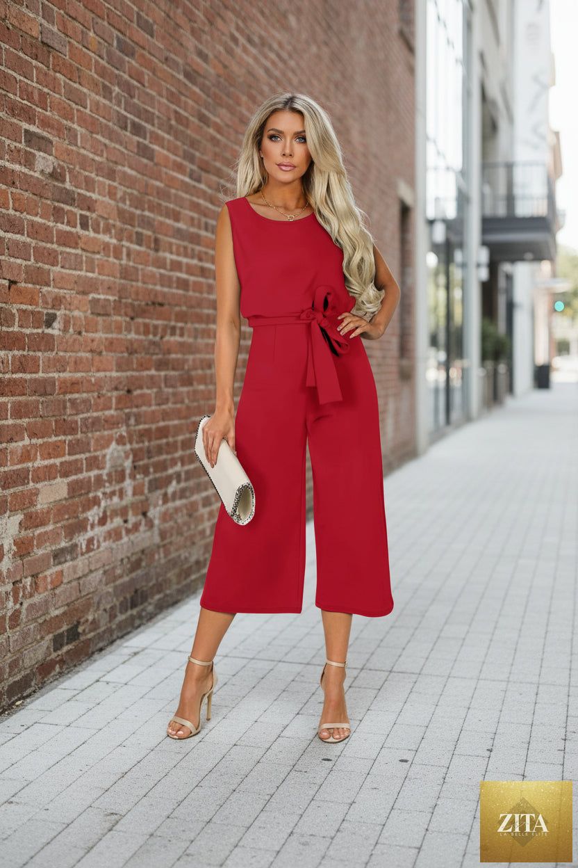 Zita La Belle Elite women's belted V-neck short sleeve jumpsuit with straight-leg fit in various colors, size S to 2XL.