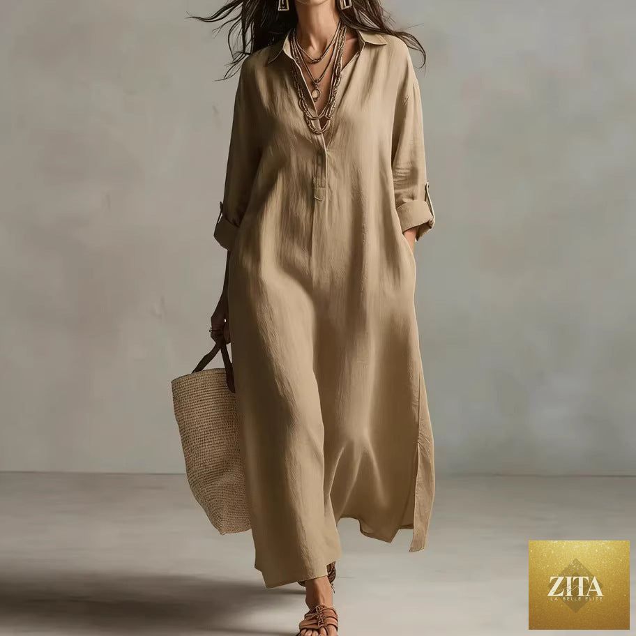 Women's casual long-sleeve linen shirt dress by FitiqueFit, relaxed fit, lightweight fabric, and classic collar, shown on a model.