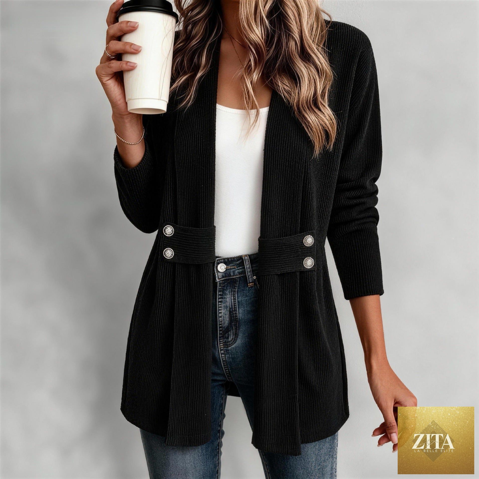 Women's knitted loose jacket by FitiqueFit, casual long sleeve jacket with a relaxed fit and versatile style, displayed on a model.