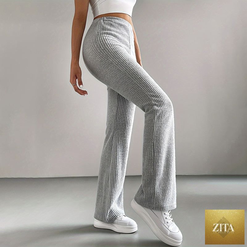 Solid rib-knit pull-on jogger pants for women by FitiqueFit, casualwear with a comfortable fit and stylish design.
