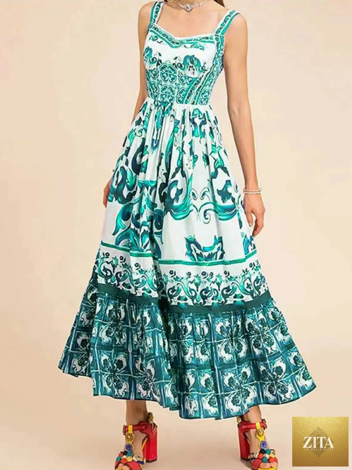 Smocked printed wide strap dress by Shopiebay featuring a flowy design and colorful floral print, perfect for casual summer wear.