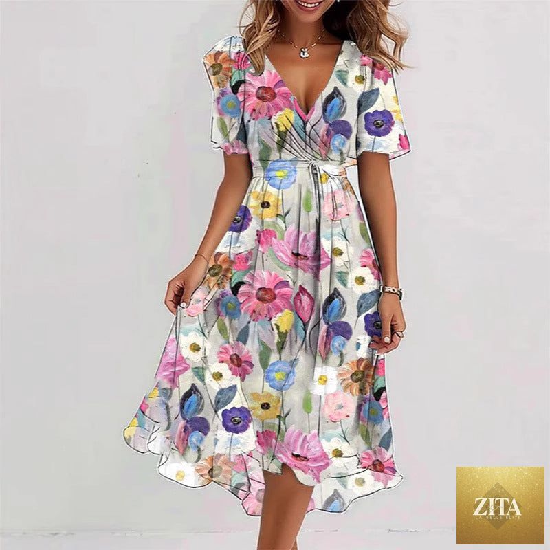 Floral print FitiqueFit A-line V-neck short sleeve midi dress displayed on a hanger with a colorful floral pattern.