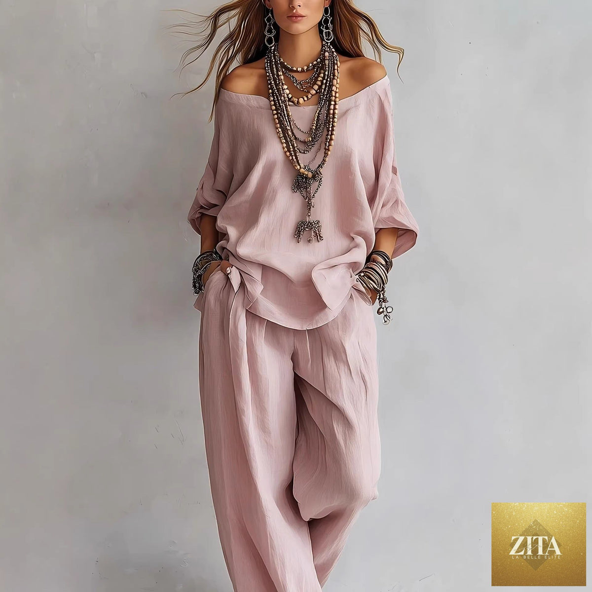 Zita La Belle Elite women's casual off-shoulder top and wide-leg pants set, stylish and comfortable everyday wear.