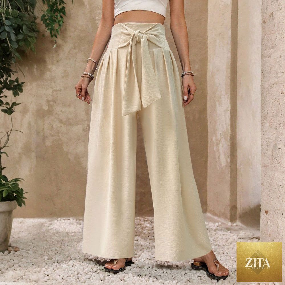 Women's solid-color high-waist tie-front casual wide-leg pants with draped fabric and relaxed fit, perfect for stylish comfort.