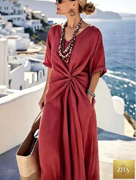 Zita La Belle Elite striped print maxi dress with short sleeves, perfect for beach vacation, flowing and stylish.