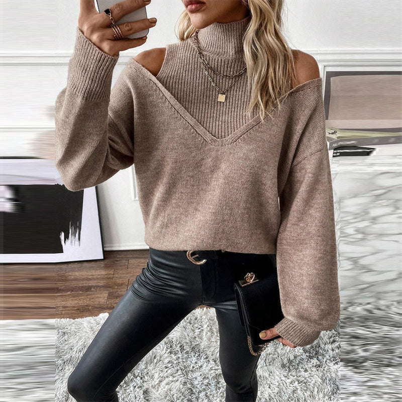 Women’s elegant off-shoulder turtleneck sweater by FitiqueFit, featuring long sleeves and a stylish knit design, perfect for casualwear.