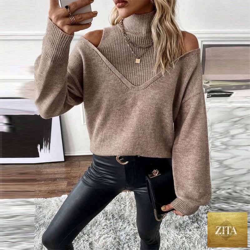 Women’s elegant off-shoulder turtleneck sweater by FitiqueFit, featuring long sleeves and a stylish knit design, perfect for casualwear.