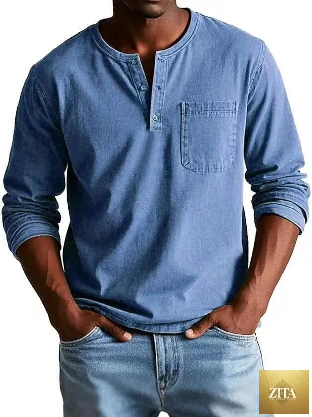 Men's V-neck long-sleeved pullover top with button details by SnagBag, featuring a classic fit and soft fabric in a versatile style.
