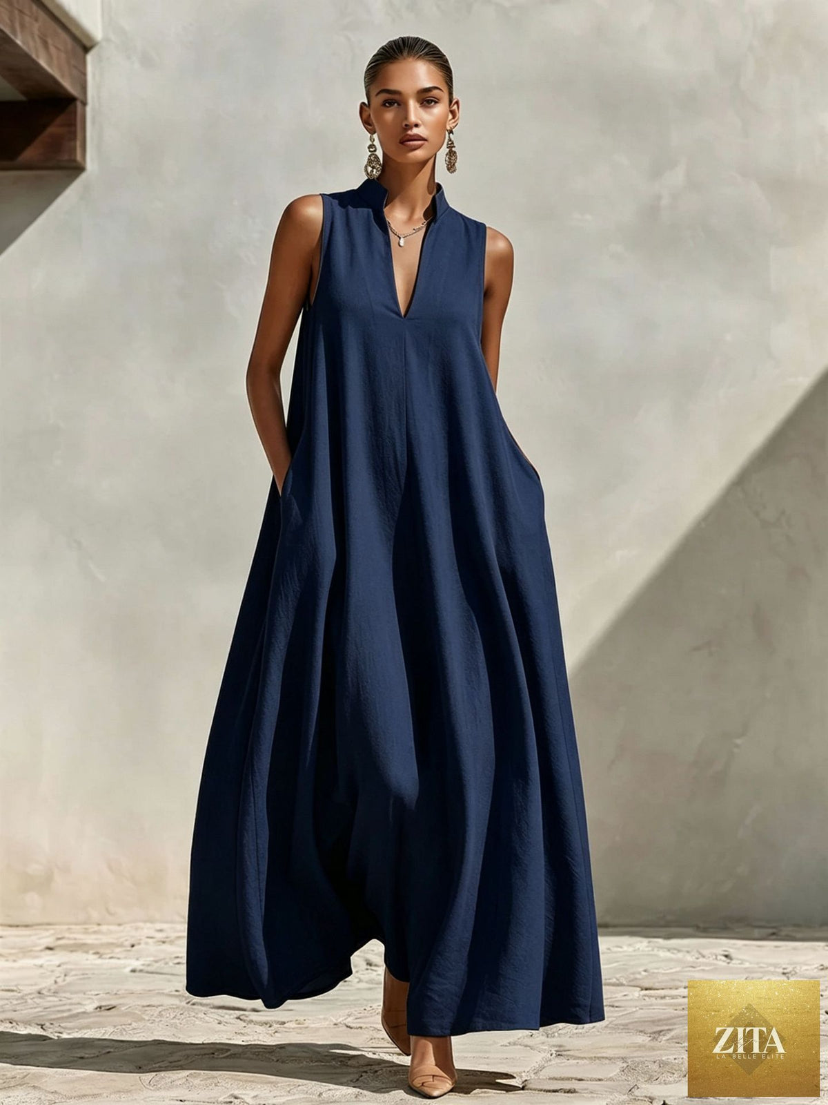 Linen blend sleeveless maxi dress with stand collar in five colors, featuring a flowy silhouette, from FitiqueFit.