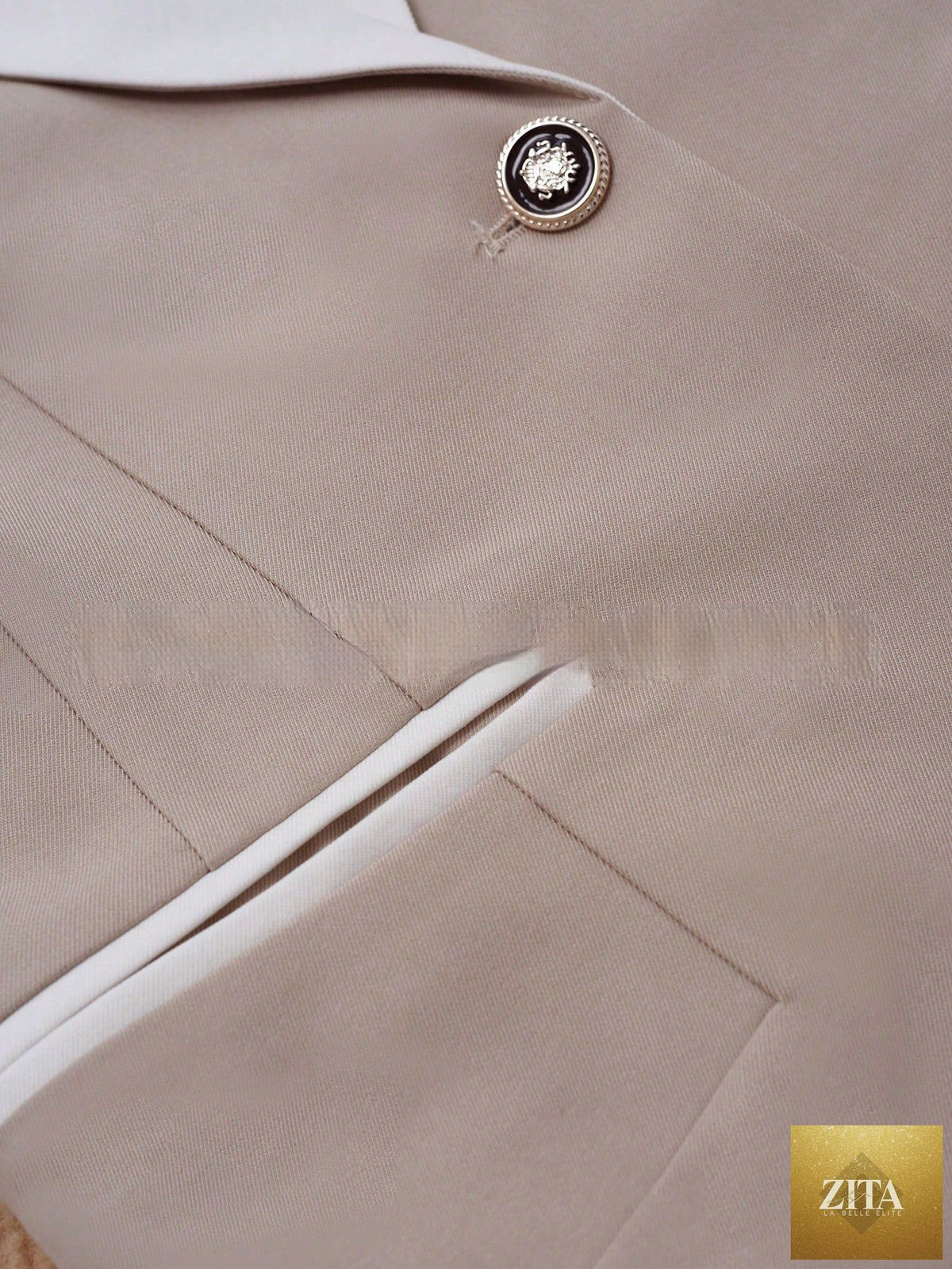 Women’s contrasting color blazer by FitiqueFit, elegant formal jacket with button closure, stylish coat for professional or dressy occasions.