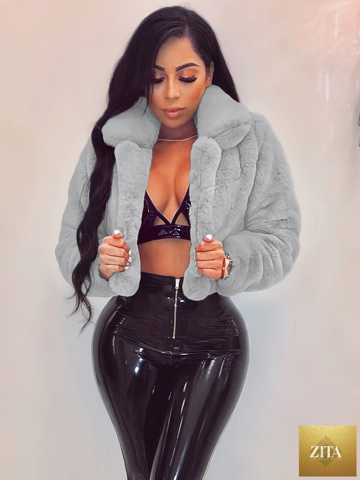 Women's Cozy Chic faux fur collar cardigan jacket, stylish winter outerwear with plush fur trim and cozy knit fabric.