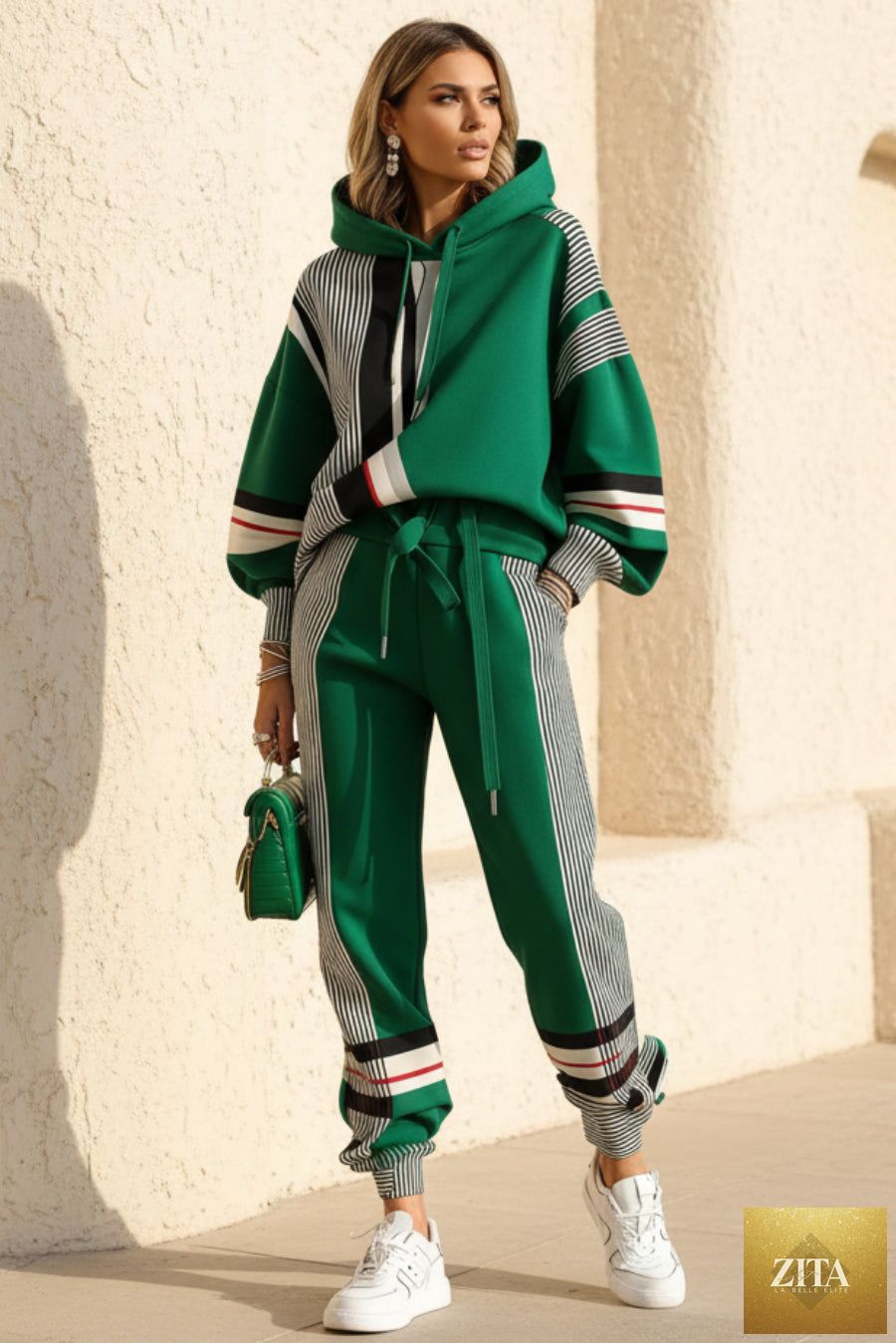 Women's Oversized Color-Block Stripe-Panel Hoodie & Jogger Pants Tracksuit Set