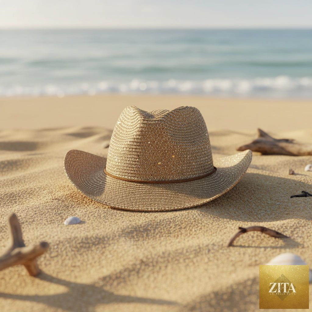 Women's Panama straw woven sun hat with windproof design and sequin detail, from Zita La Belle Elite, ideal for beach or outdoor wear.