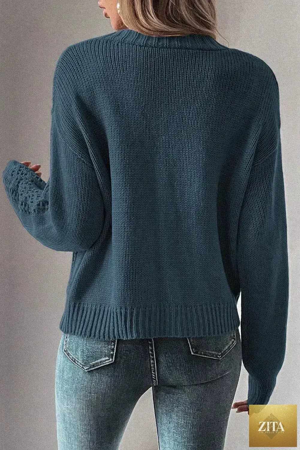 Dark khaki open knit cardigan sweater with drop shoulder design from Femstylo, made of cotton-acrylic blend, featuring a relaxed fit.