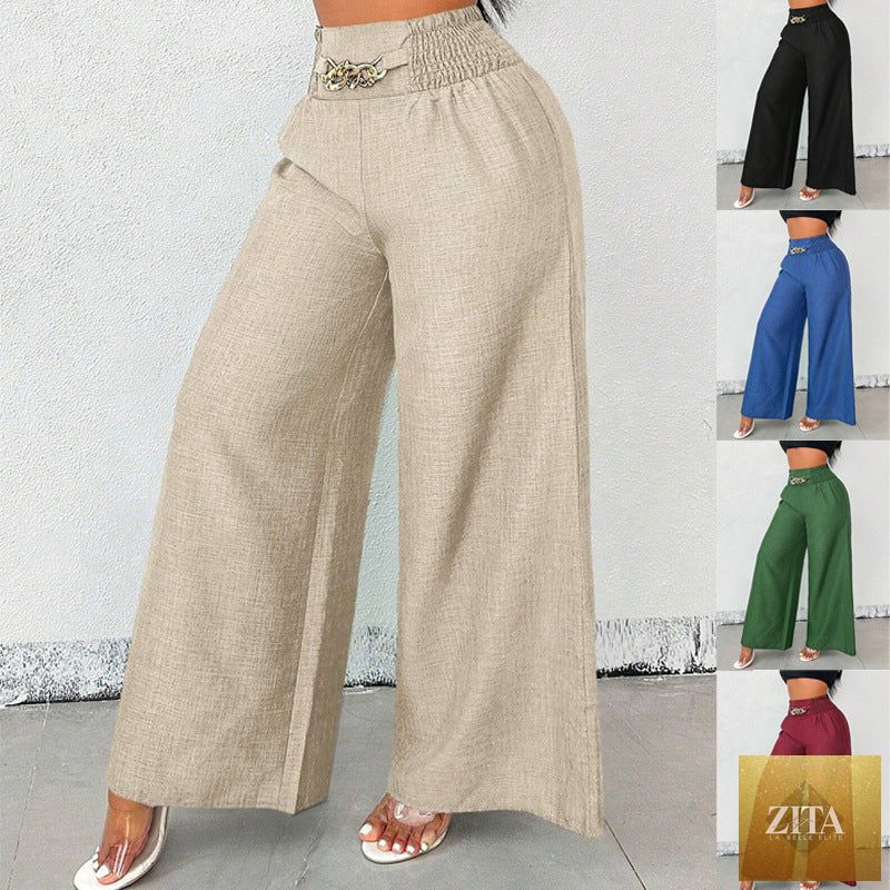 Women's high-waist drapey wide-leg casual pants by Zita La Belle Elite with elastic drawstring in five colors.