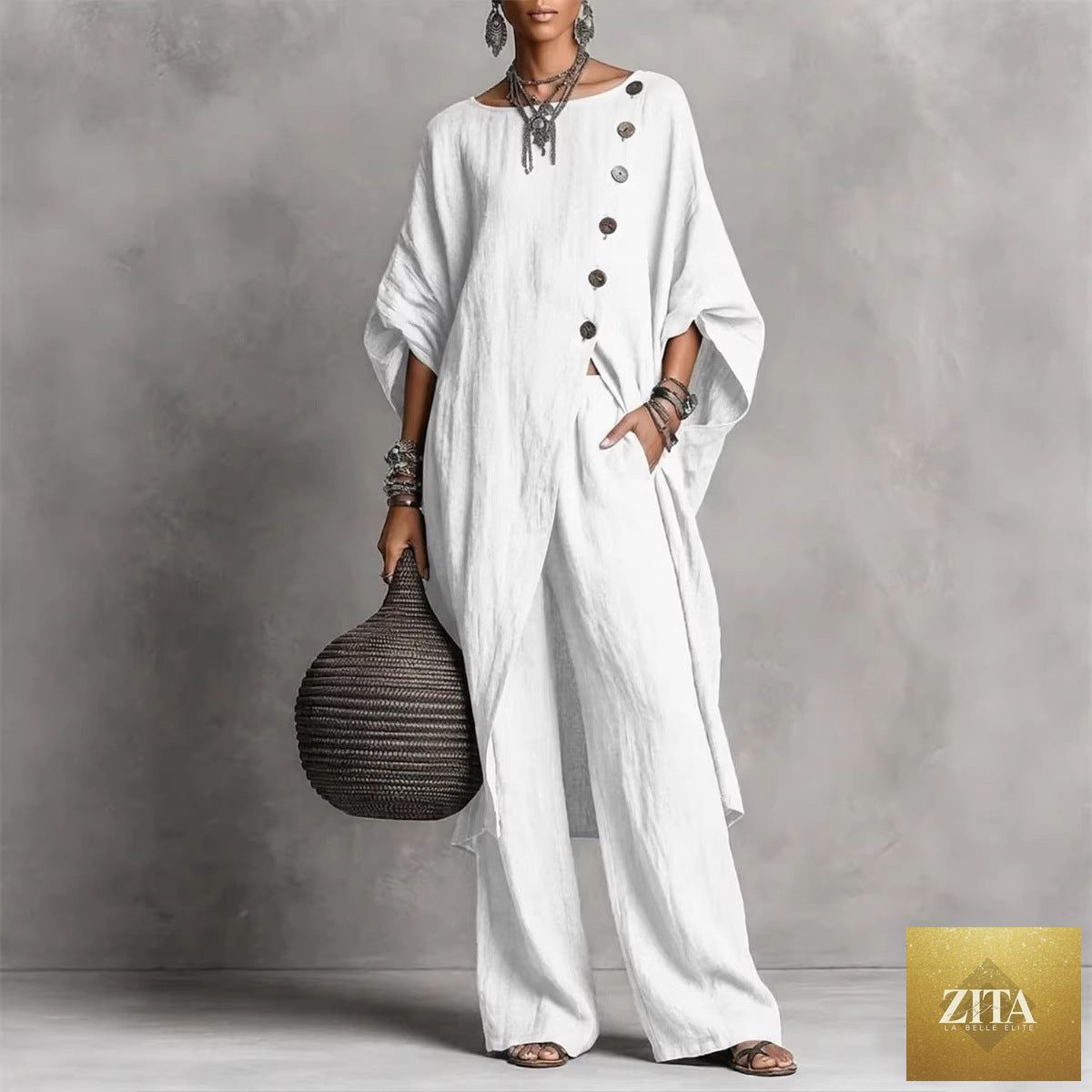 Women's casual Zita La Belle Elite drop shoulder three-quarter sleeve irregular shirt and matching pants set, shown styled on a model.