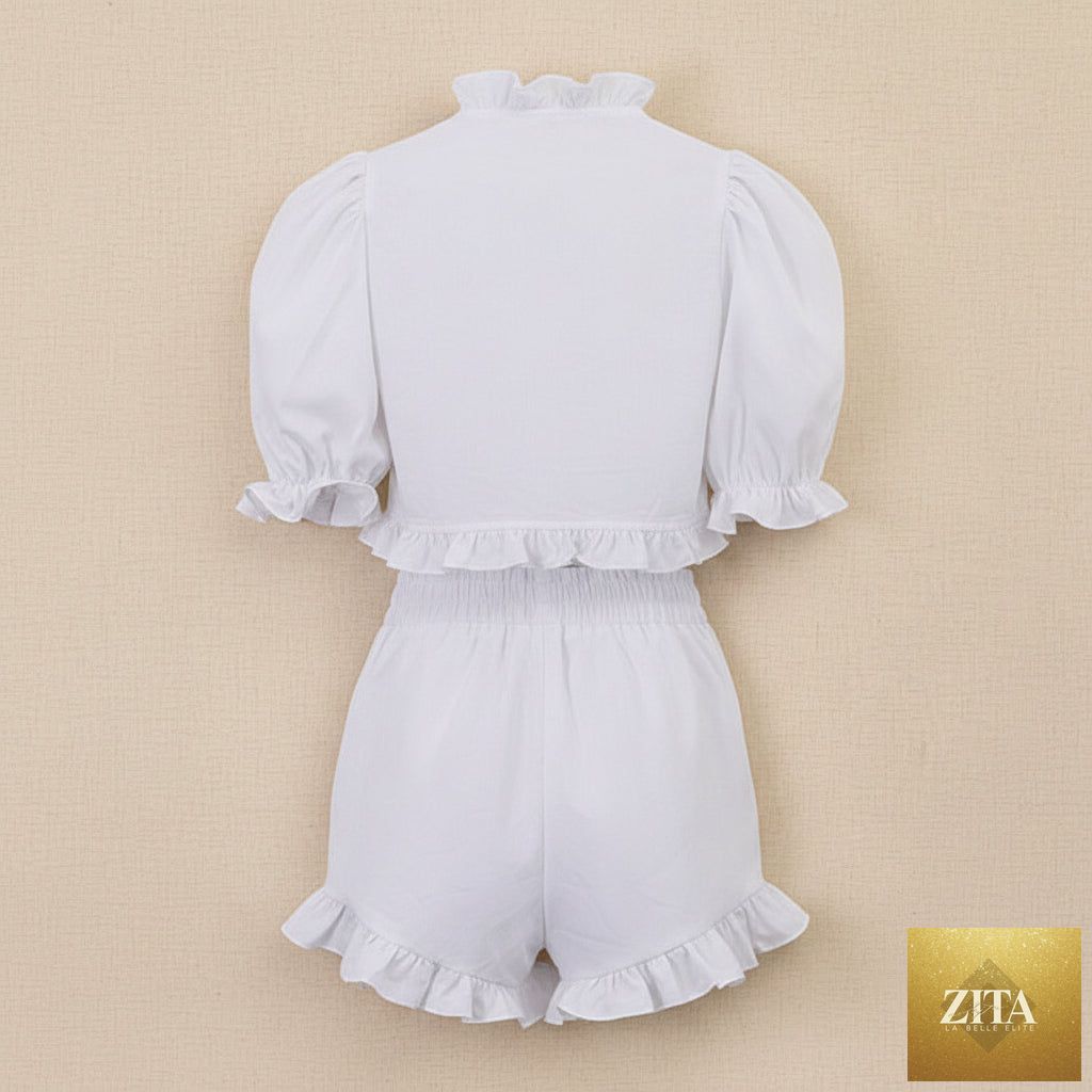 Women's linen-blend ruffled cropped blouse and shorts set by Zita La Belle Elite, featuring ruffle details and a comfortable fit.