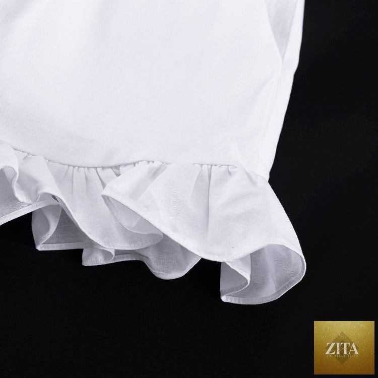 Women's ruffled linen-blend cropped blouse and shorts set by Zita La Belle Elite, featuring ruffle details and a relaxed fit.