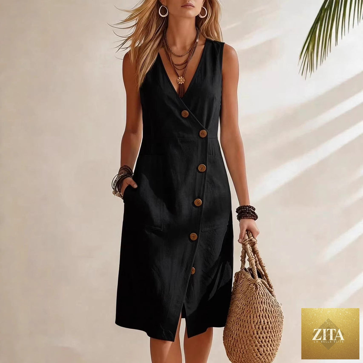 Women's FitiqueFit resort V-neck sleeveless midi dress with asymmetrical button details, perfect for casual summer wear.