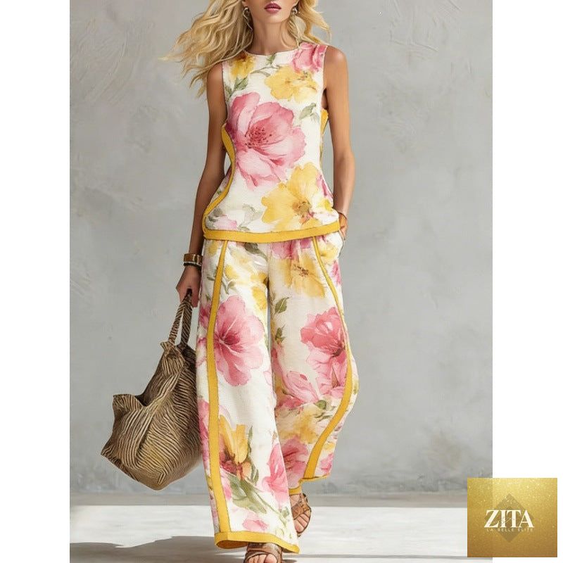 Printed retro sleeveless top and wide-leg pants set by MERIDGE, featuring vibrant 12 prints in sizes S to 5XL.