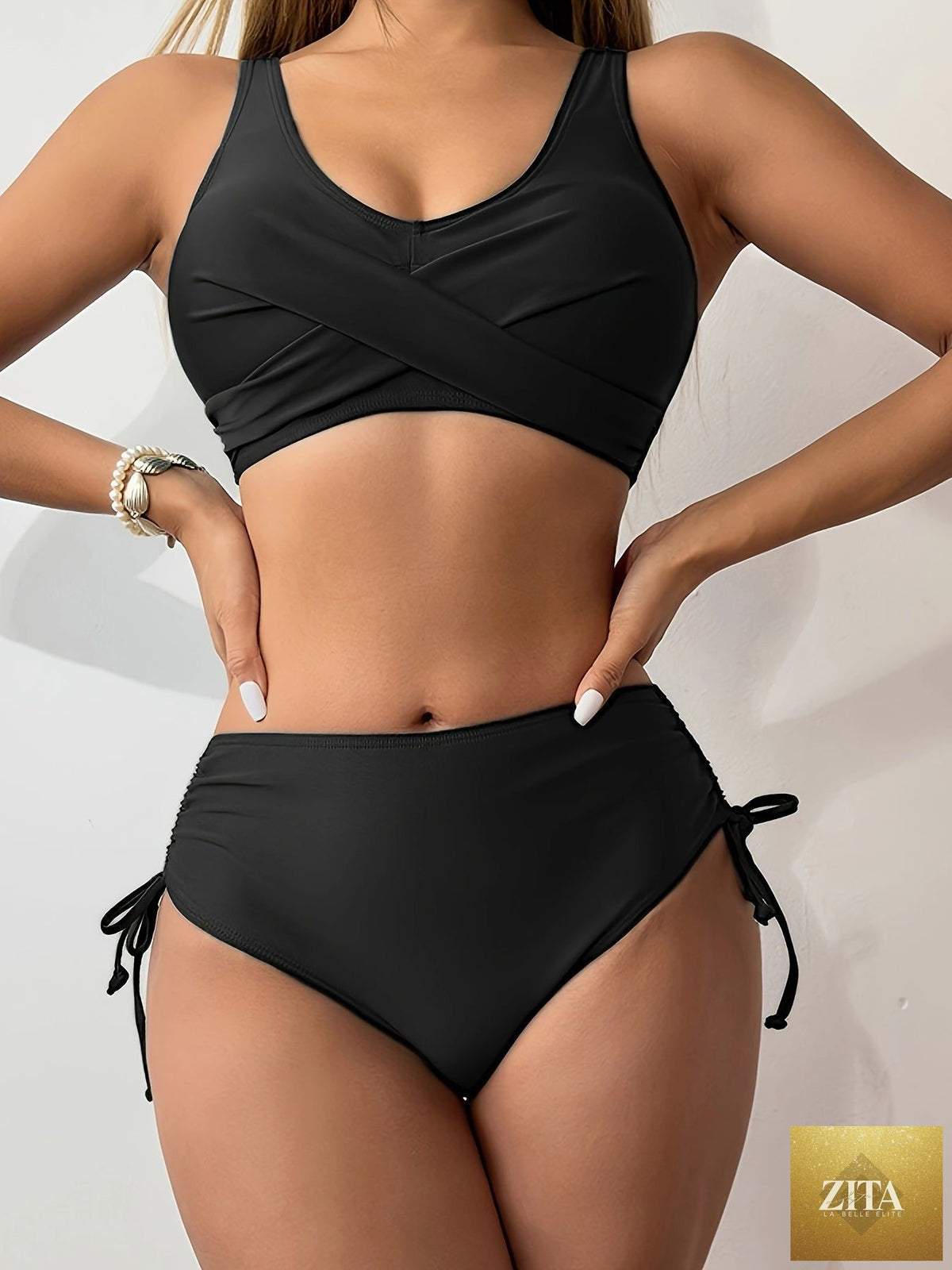 Stevvex women's bikini set with twist front V-neck top, high waist bottoms, stretchy fabric, tie back, and drawstring for beach and pool days.