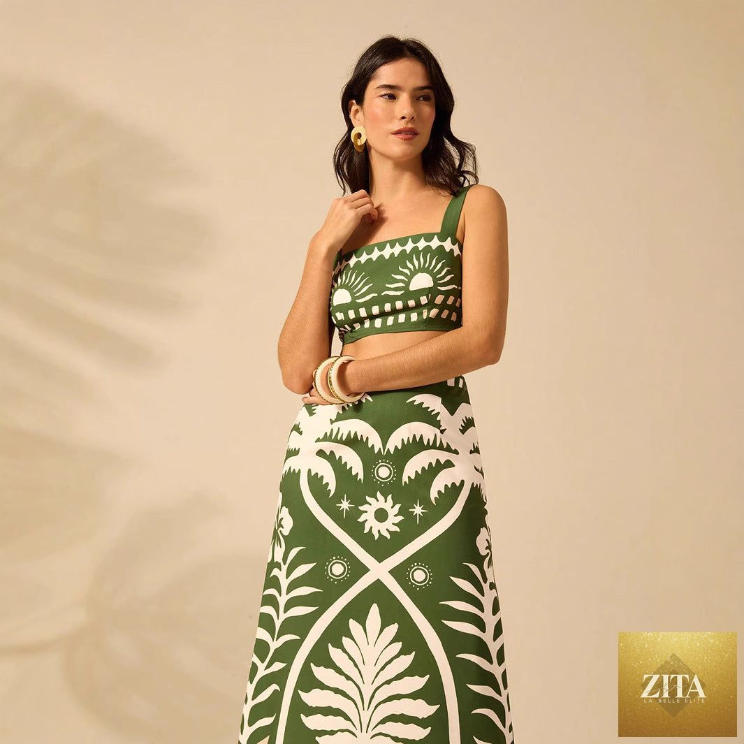 Women's floral printed camisole and high-waisted midi skirt set by Zita La Belle Elite, casualwear outfit, with floral pattern and lightweight fabric.