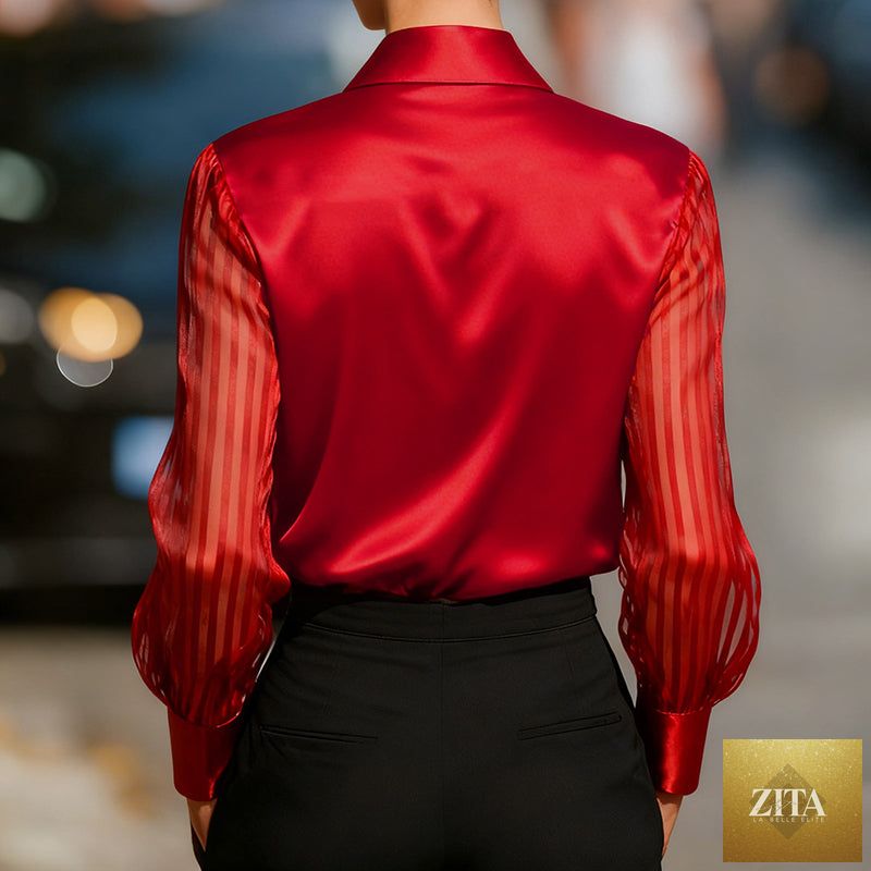 Women's satin lapel collar blouse by FitiqueFit with sheer long sleeves, button-down front, perfect for office or spring/autumn casual wear.
