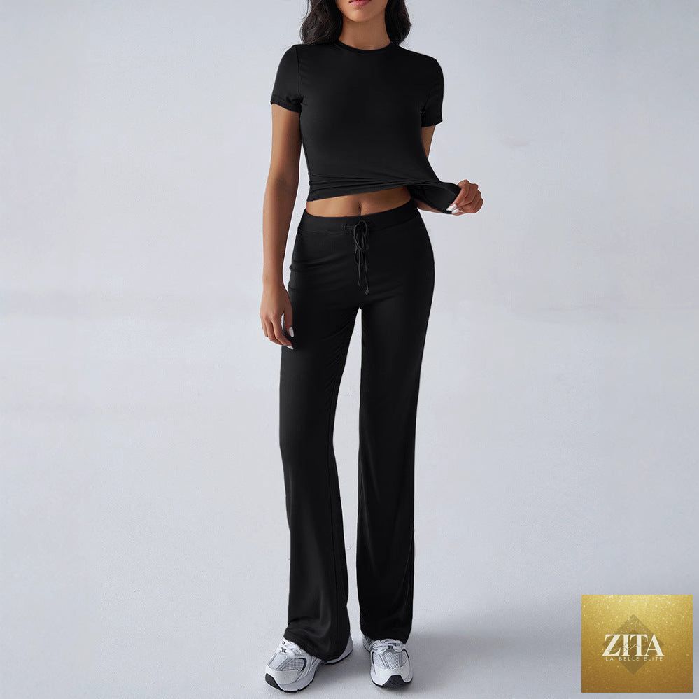 Zita La Belle Elite crew neck short sleeve top and full-length pants two-piece set in solid color, available in 10 colors.