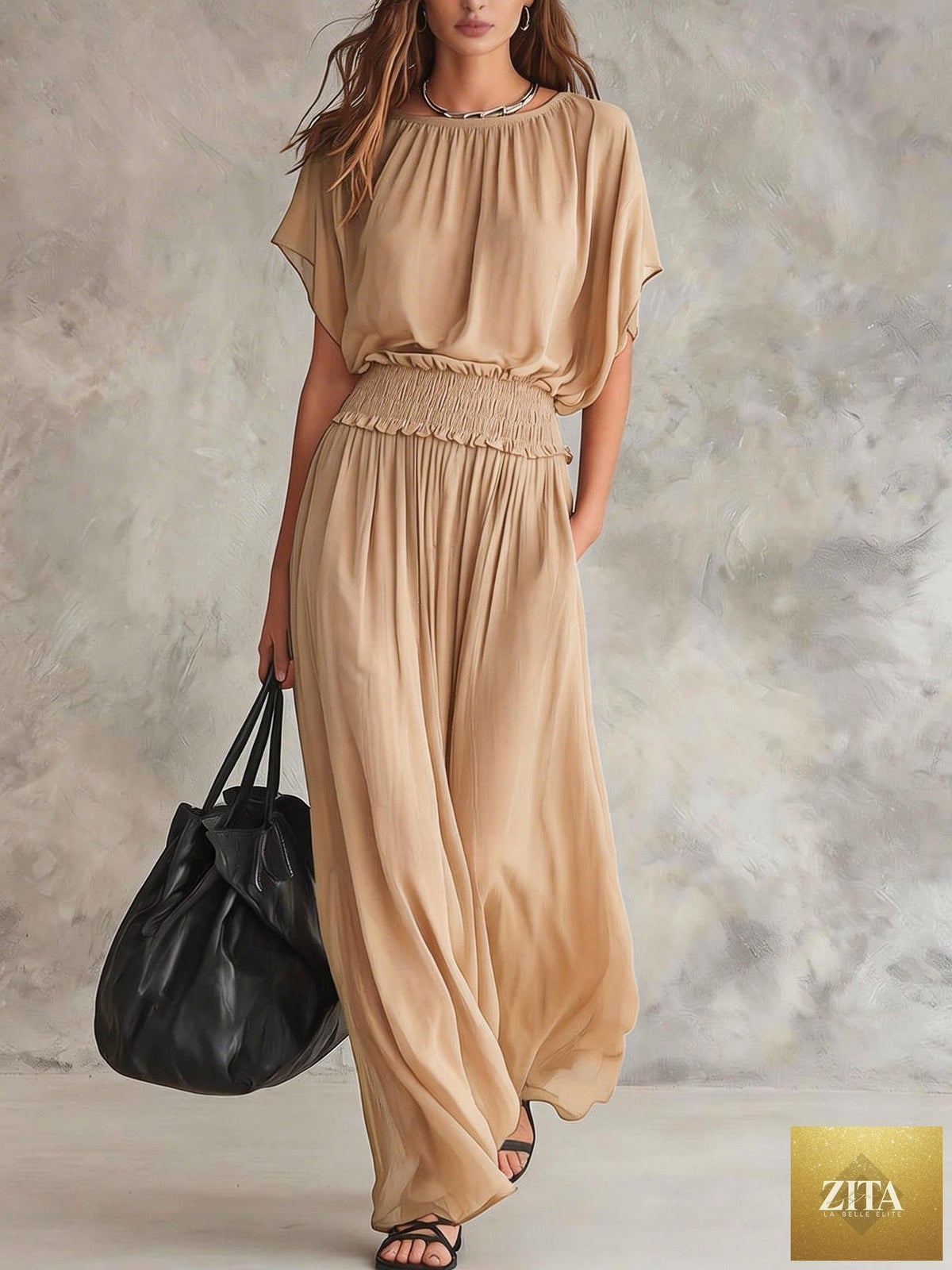 Women's chiffon high-waist ruched maxi dress by FitiqueFit, flowing fabric with elegant design, photographed on a model.