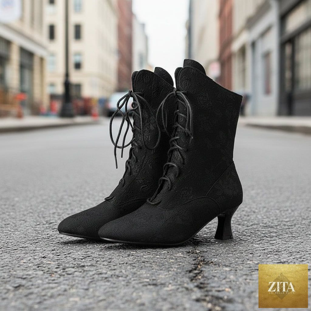 Women’s pointed-toe kitten-heel boots by Zita La Belle Elite, stylish autumn winter footwear featuring sleek design and chic details.