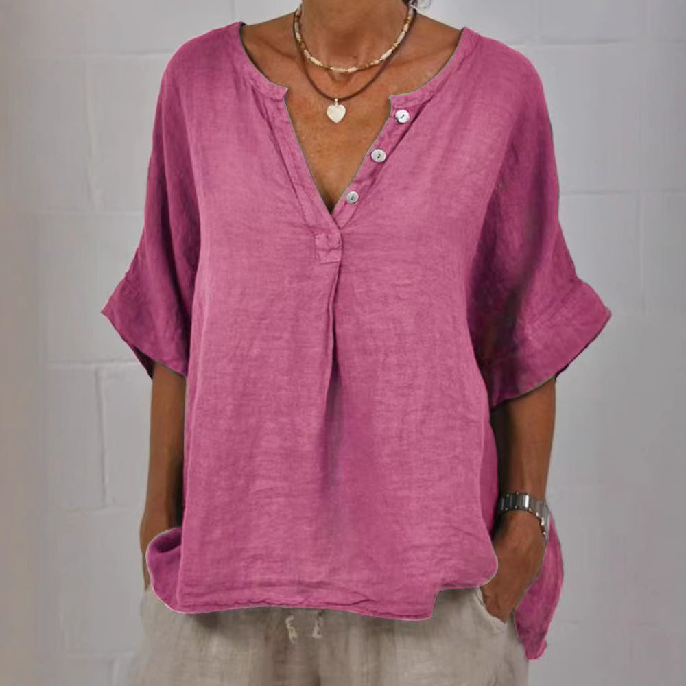 Women's Cotton Linen V-Neck Button-Up Shirt